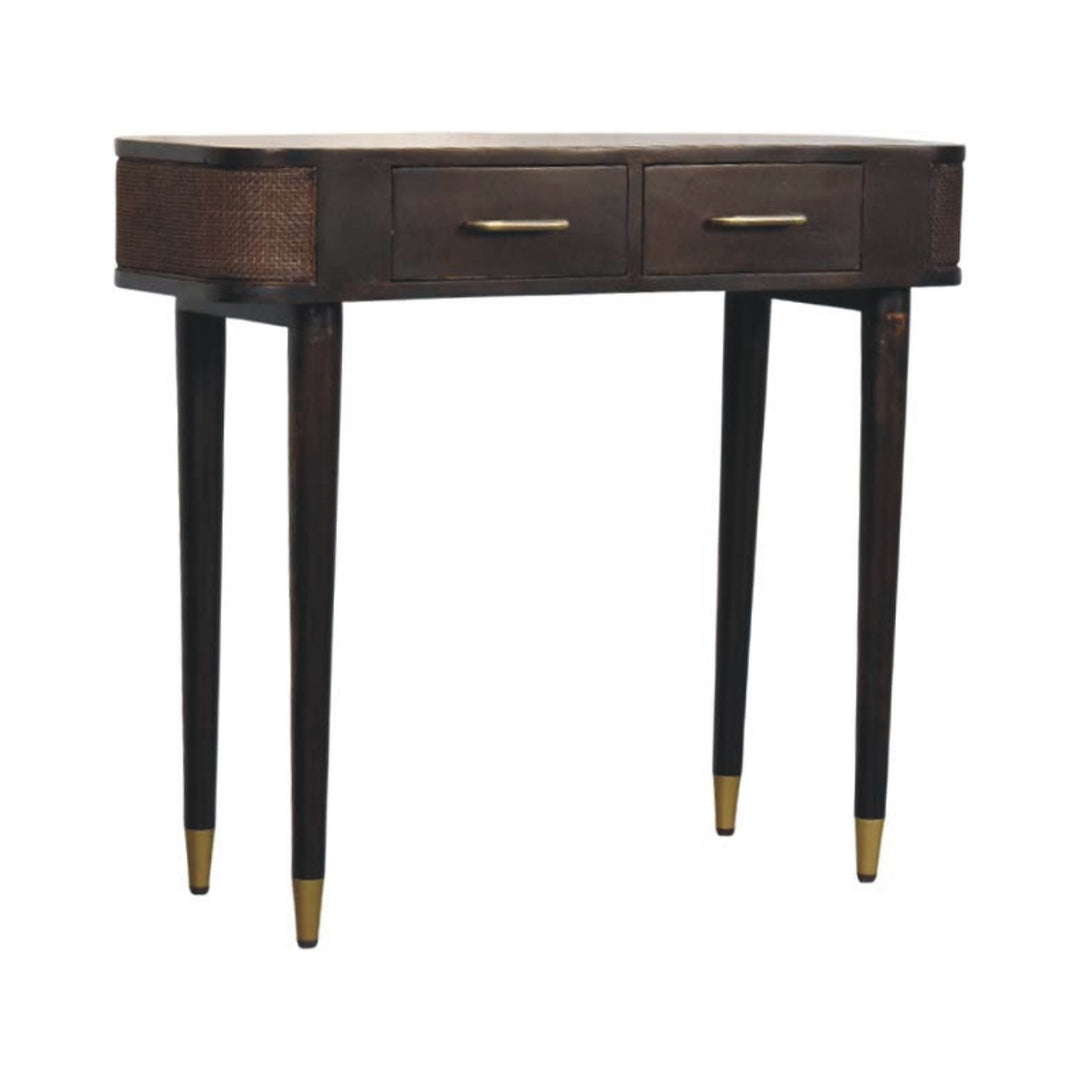 Brown Lacquered Velvet Mocha Solid Mango Wood Belmont Console with Rattan Panels & Brass Handles