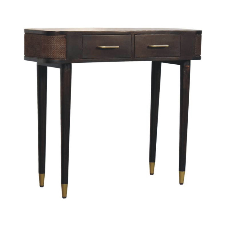 Brown Lacquered Velvet Mocha Solid Mango Wood Belmont Console with Rattan Panels & Brass Handles