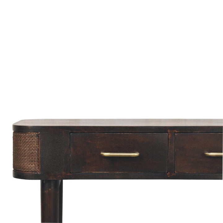 Brown Lacquered Velvet Mocha Solid Mango Wood Belmont Console with Rattan Panels & Brass Handles