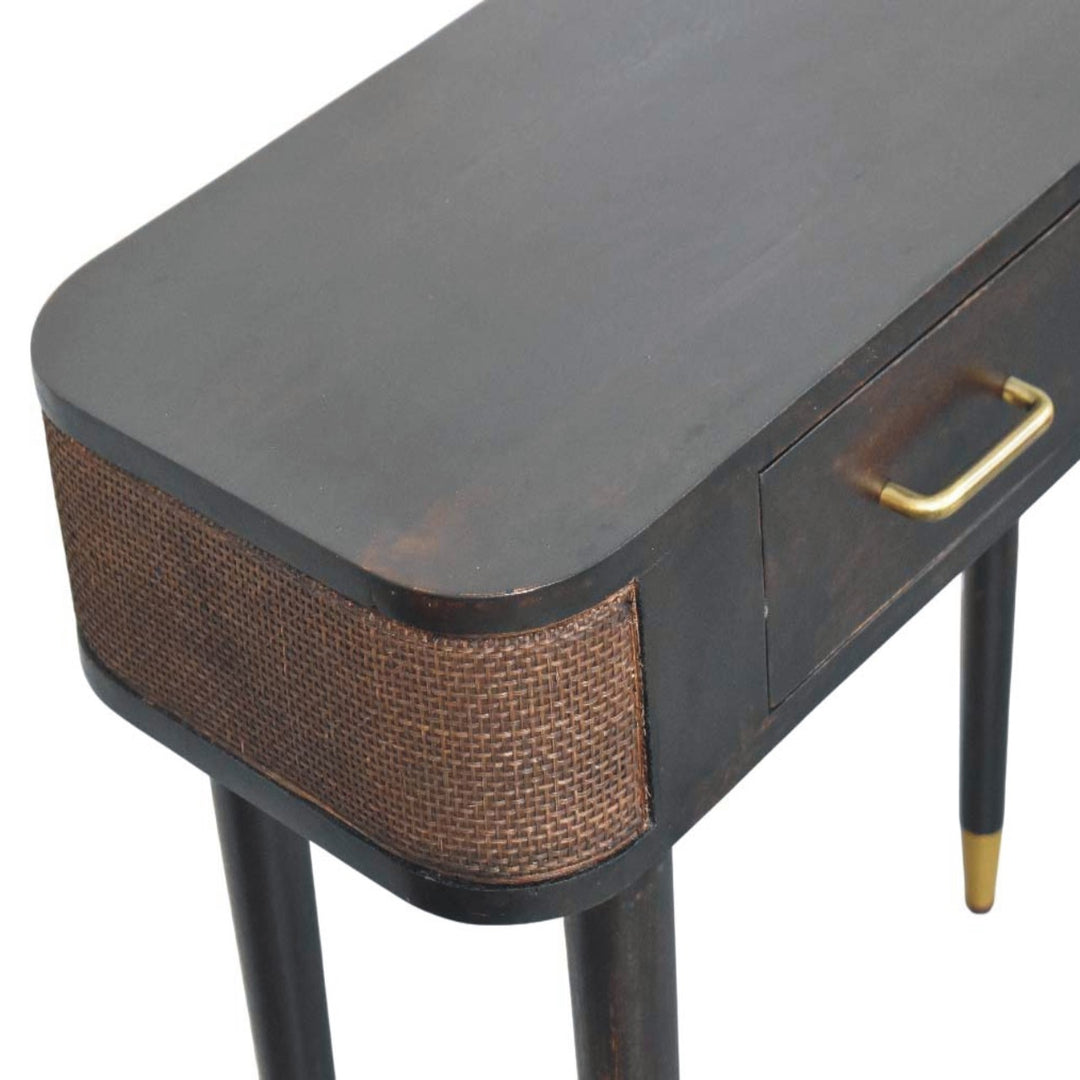 Brown Lacquered Velvet Mocha Solid Mango Wood Belmont Console with Rattan Panels & Brass Handles