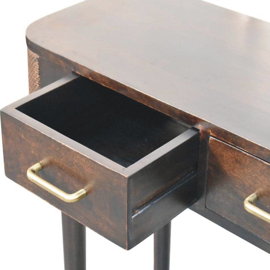 Brown Lacquered Velvet Mocha Solid Mango Wood Belmont Console with Rattan Panels & Brass Handles