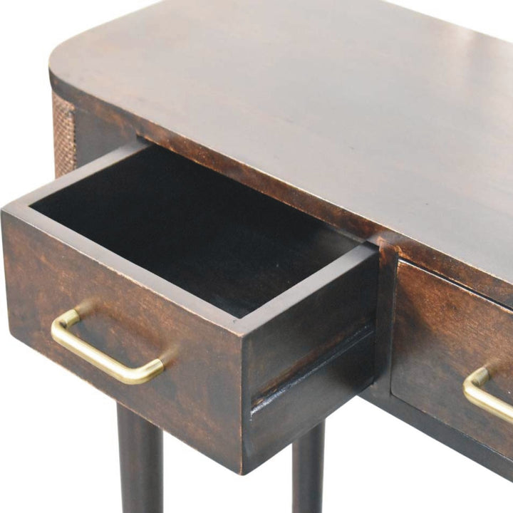 Brown Lacquered Velvet Mocha Solid Mango Wood Belmont Console with Rattan Panels & Brass Handles
