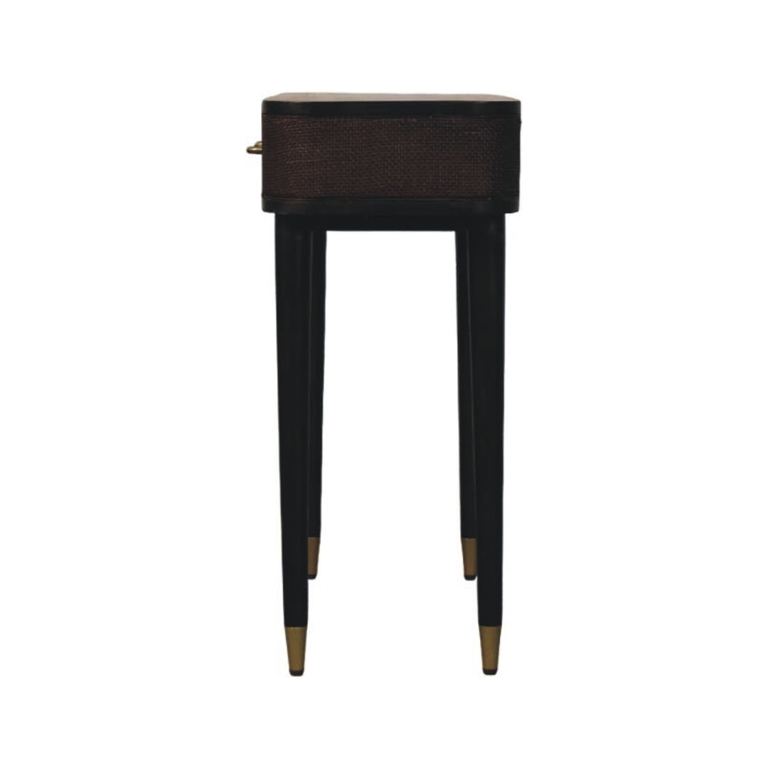 Brown Lacquered Velvet Mocha Solid Mango Wood Belmont Console with Rattan Panels & Brass Handles