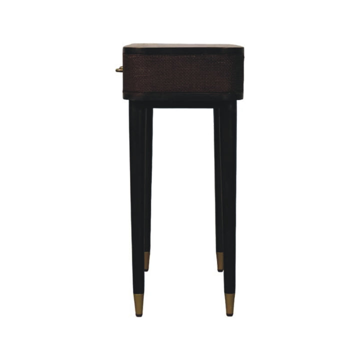 Brown Lacquered Velvet Mocha Solid Mango Wood Belmont Console with Rattan Panels & Brass Handles