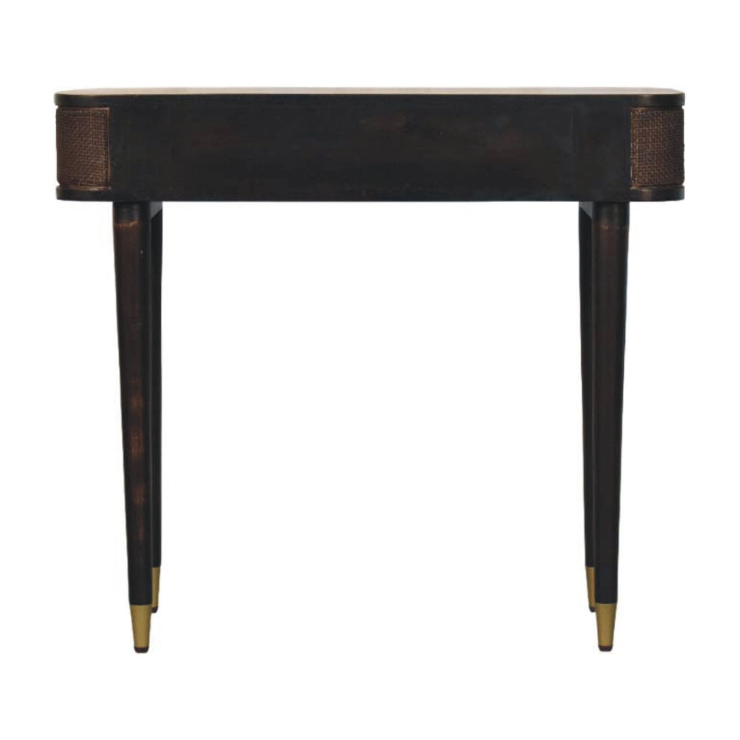 Brown Lacquered Velvet Mocha Solid Mango Wood Belmont Console with Rattan Panels & Brass Handles