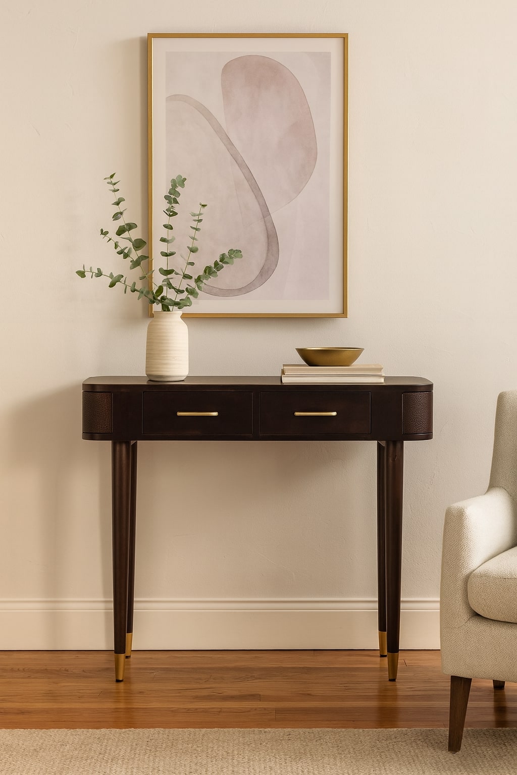 Brown Lacquered Velvet Mocha Solid Mango Wood Belmont Console with Rattan Panels & Brass Handles