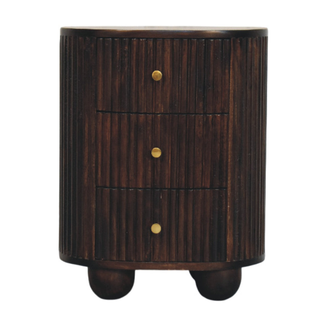 Brown Lacquered Mocha Velvet Solid Mango Wood 3-Drawer Bedside Table with Grooved Detailing
