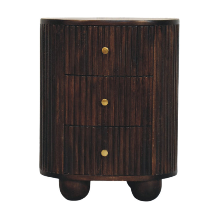 Brown Lacquered Mocha Velvet Solid Mango Wood 3-Drawer Bedside Table with Grooved Detailing