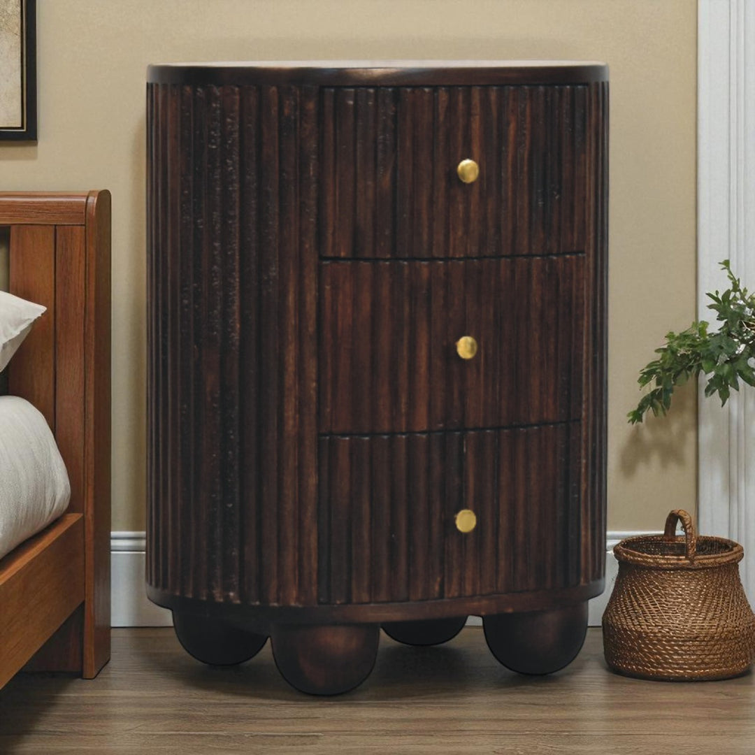 Brown Lacquered Mocha Velvet Solid Mango Wood 3-Drawer Bedside Table with Grooved Detailing