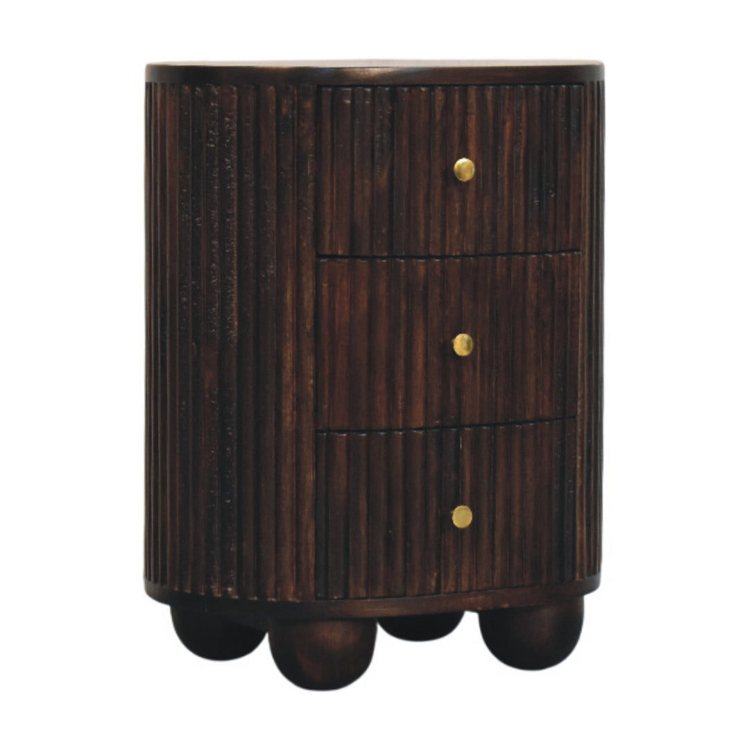 Brown Lacquered Mocha Velvet Solid Mango Wood 3-Drawer Bedside Table with Grooved Detailing
