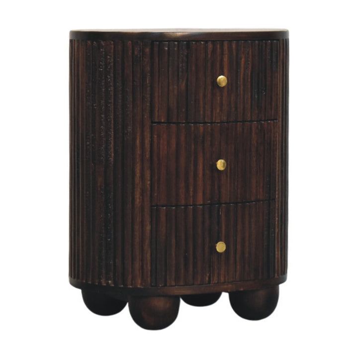 Brown Lacquered Mocha Velvet Solid Mango Wood 3-Drawer Bedside Table with Grooved Detailing