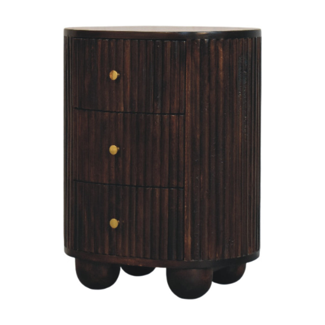 Brown Lacquered Mocha Velvet Solid Mango Wood 3-Drawer Bedside Table with Grooved Detailing