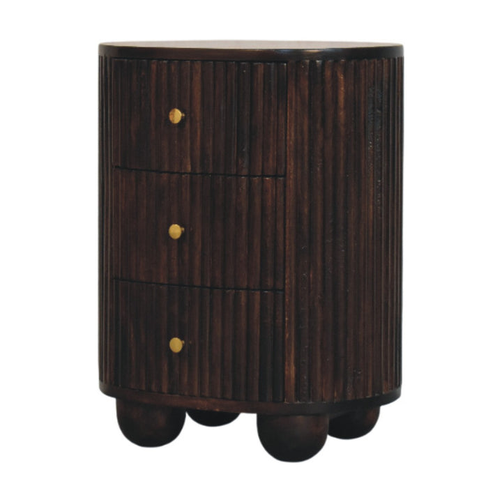 Brown Lacquered Mocha Velvet Solid Mango Wood 3-Drawer Bedside Table with Grooved Detailing