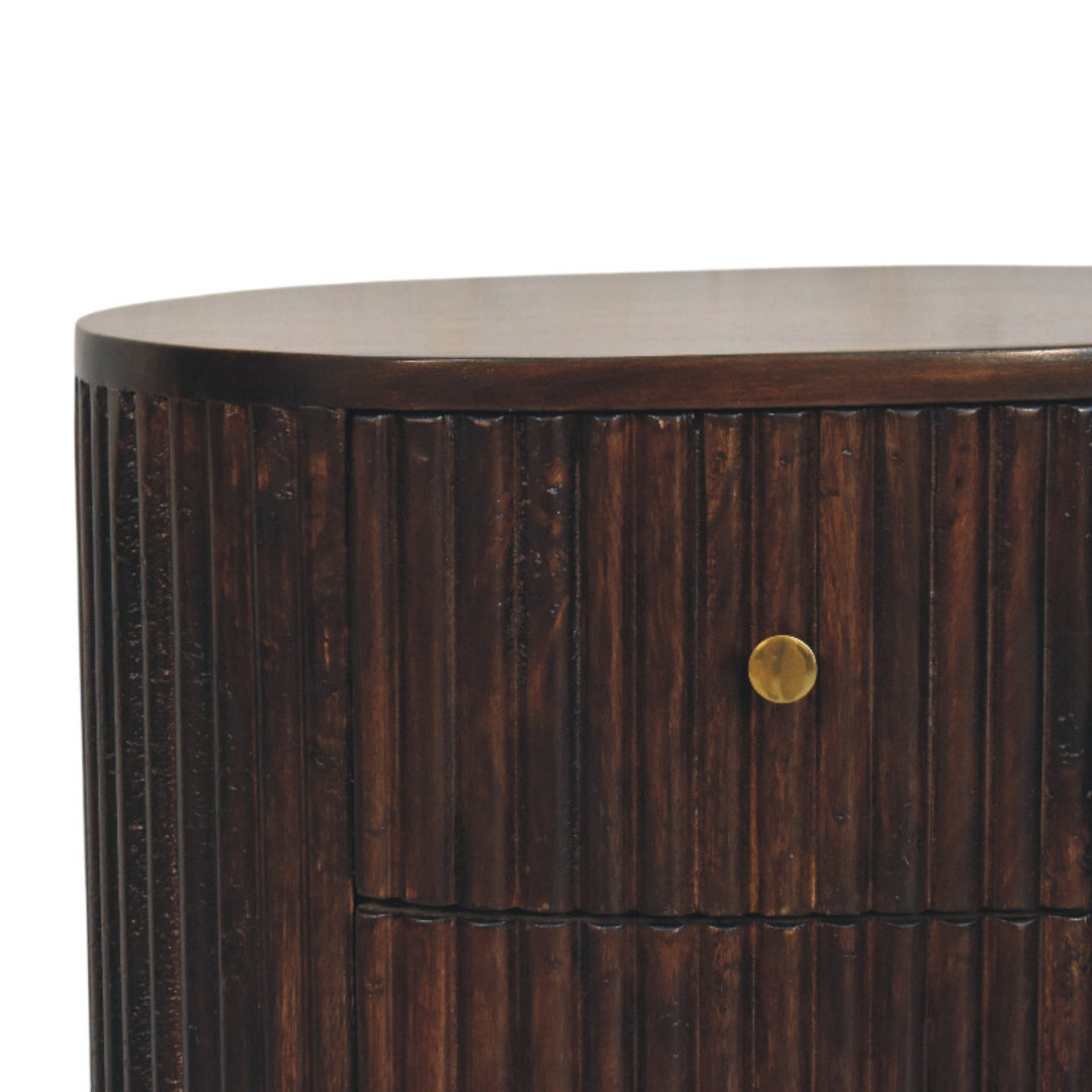Brown Lacquered Mocha Velvet Solid Mango Wood 3-Drawer Bedside Table with Grooved Detailing