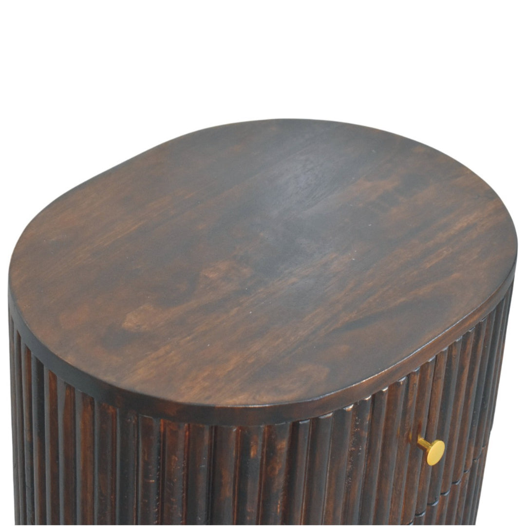 Brown Lacquered Mocha Velvet Solid Mango Wood 3-Drawer Bedside Table with Grooved Detailing