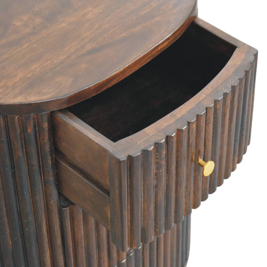 Brown Lacquered Mocha Velvet Solid Mango Wood 3-Drawer Bedside Table with Grooved Detailing