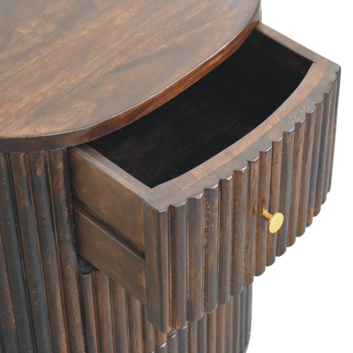 Brown Lacquered Mocha Velvet Solid Mango Wood 3-Drawer Bedside Table with Grooved Detailing