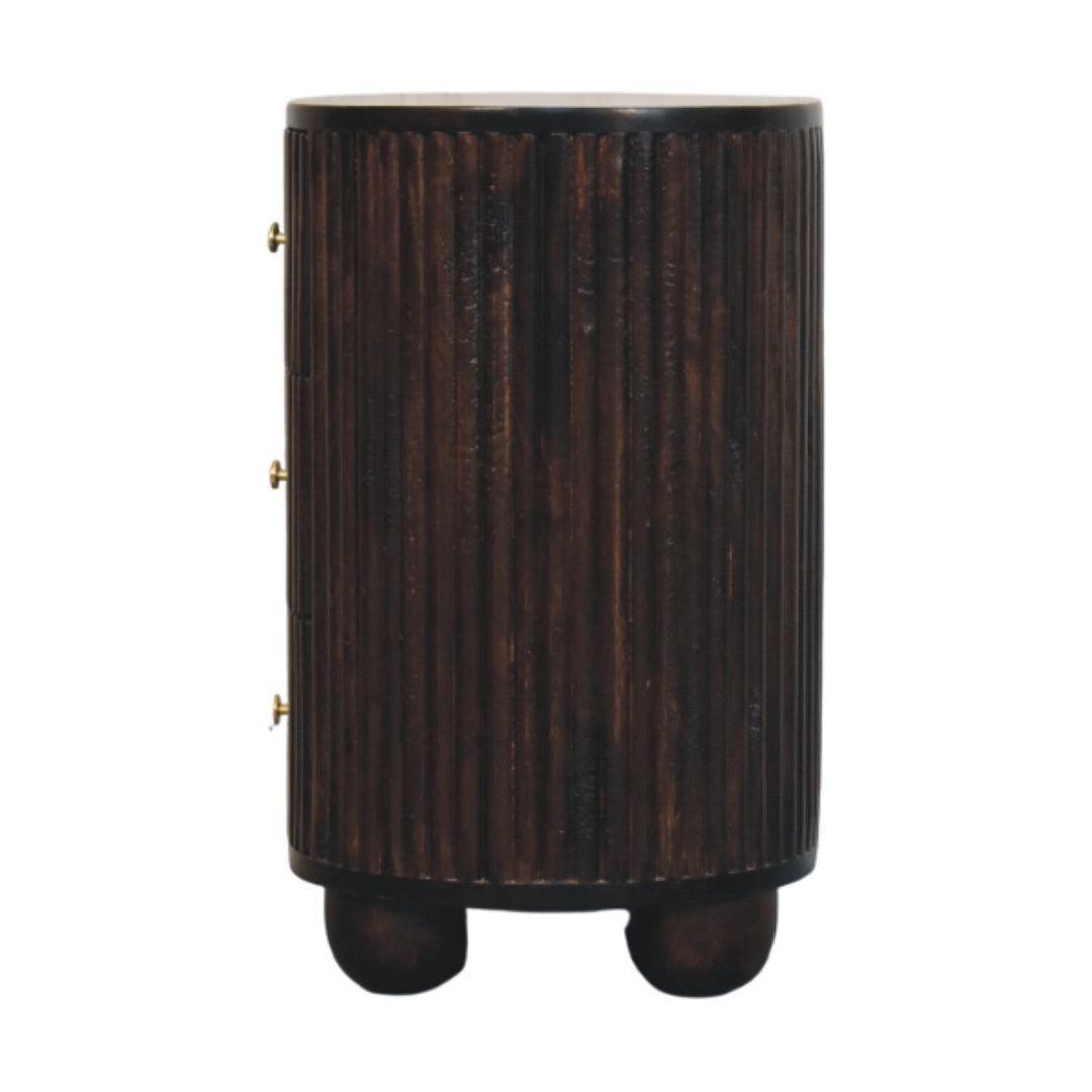 Brown Lacquered Mocha Velvet Solid Mango Wood 3-Drawer Bedside Table with Grooved Detailing