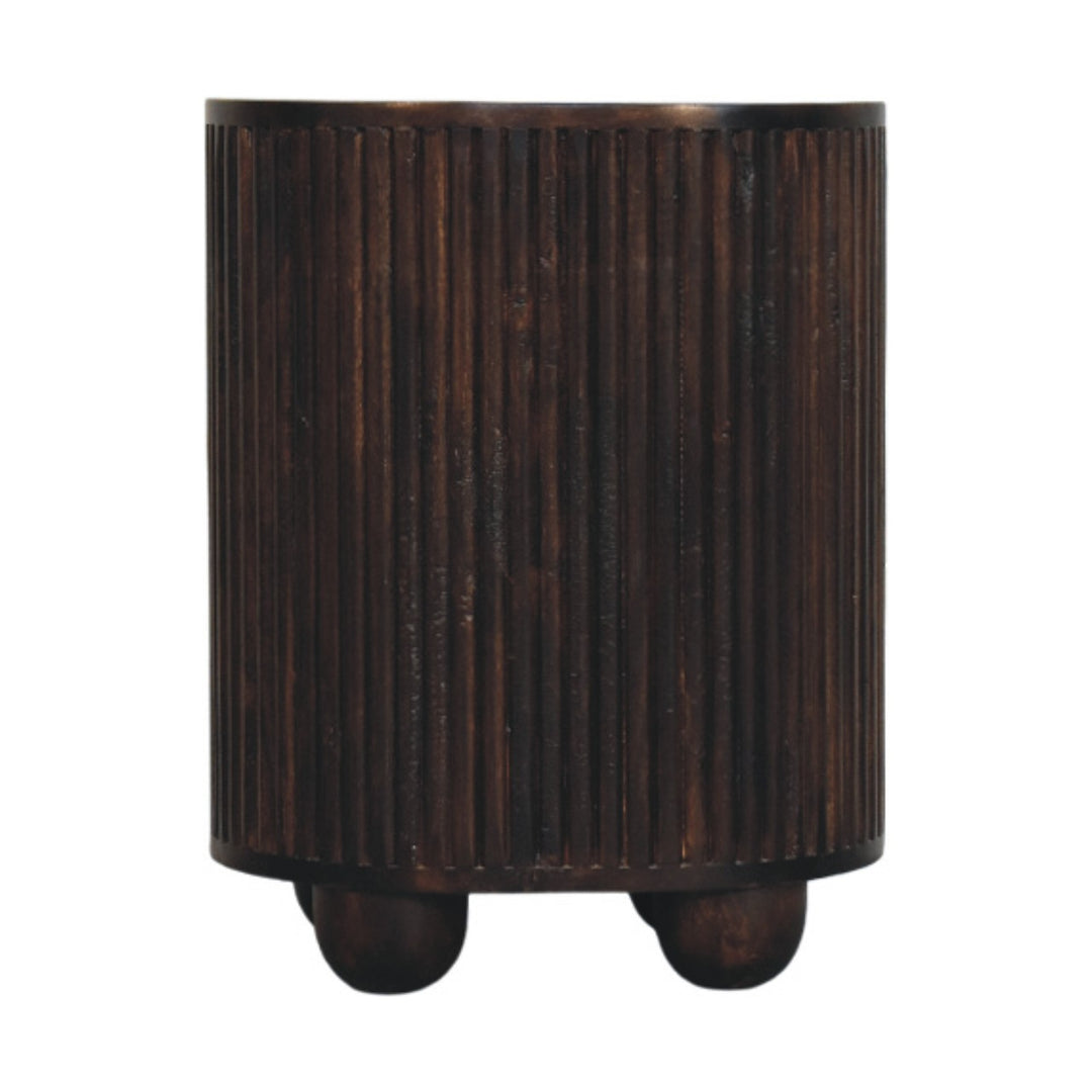 Brown Lacquered Mocha Velvet Solid Mango Wood 3-Drawer Bedside Table with Grooved Detailing