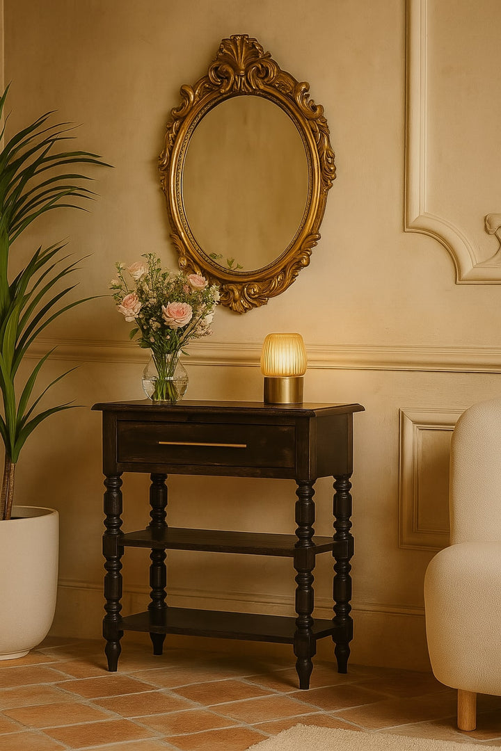 Brown Lacquered Carbon Ash Solid Mango Wood Heritage Side Table with Turned Legs & Open Shelves