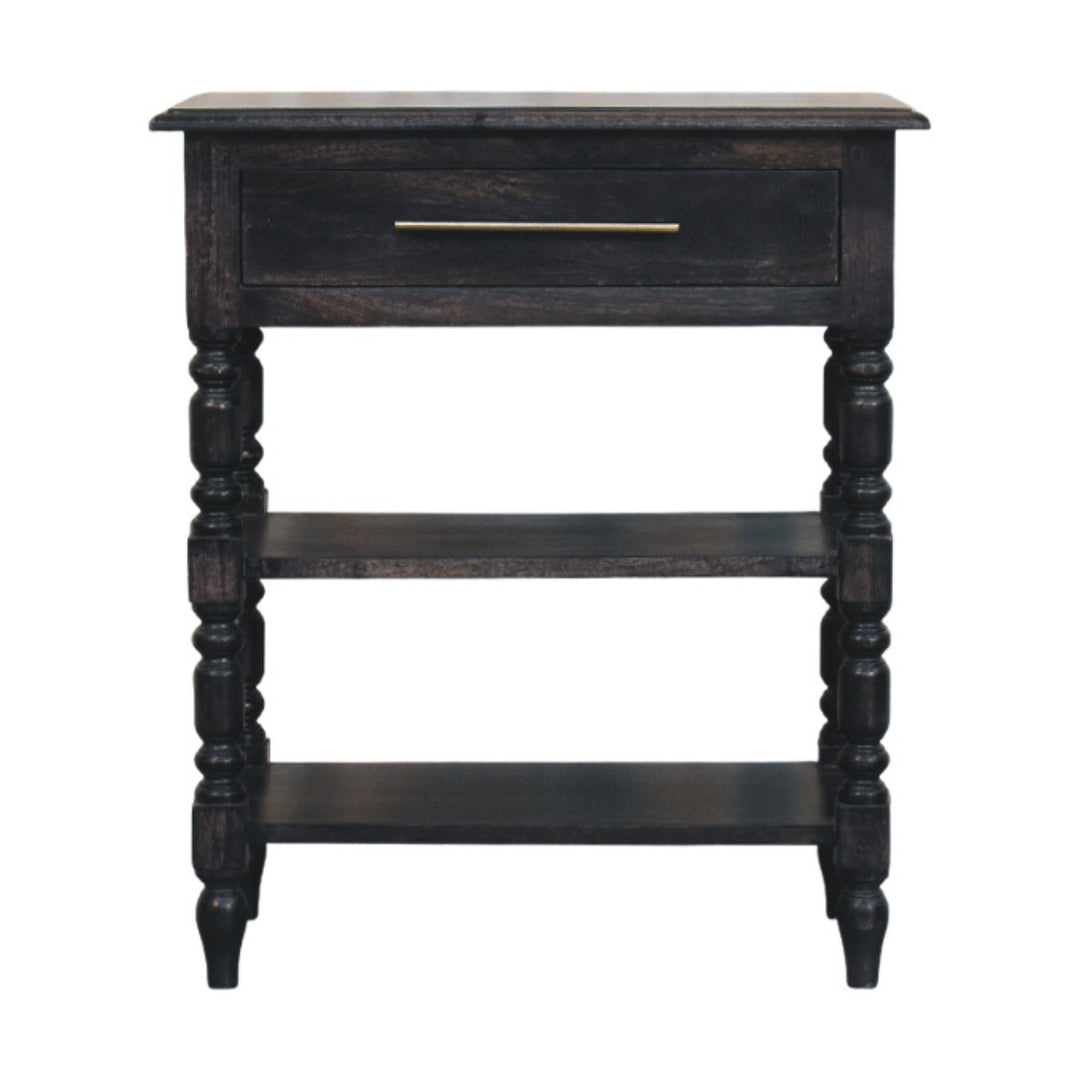 Brown Lacquered Carbon Ash Solid Mango Wood Heritage Side Table with Turned Legs & Open Shelves