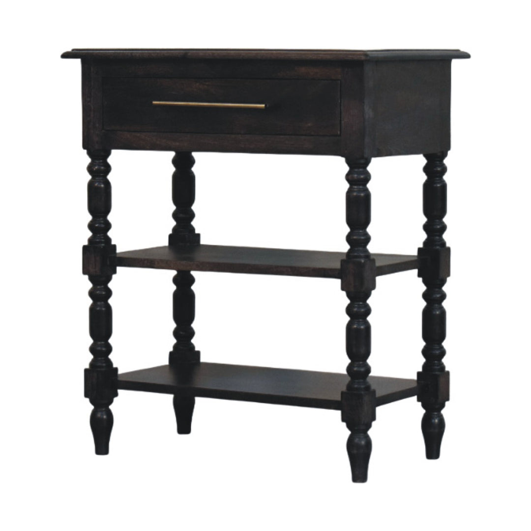 Brown Lacquered Carbon Ash Solid Mango Wood Heritage Side Table with Turned Legs & Open Shelves