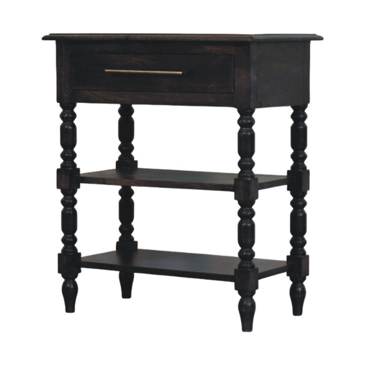 Brown Lacquered Carbon Ash Solid Mango Wood Heritage Side Table with Turned Legs & Open Shelves
