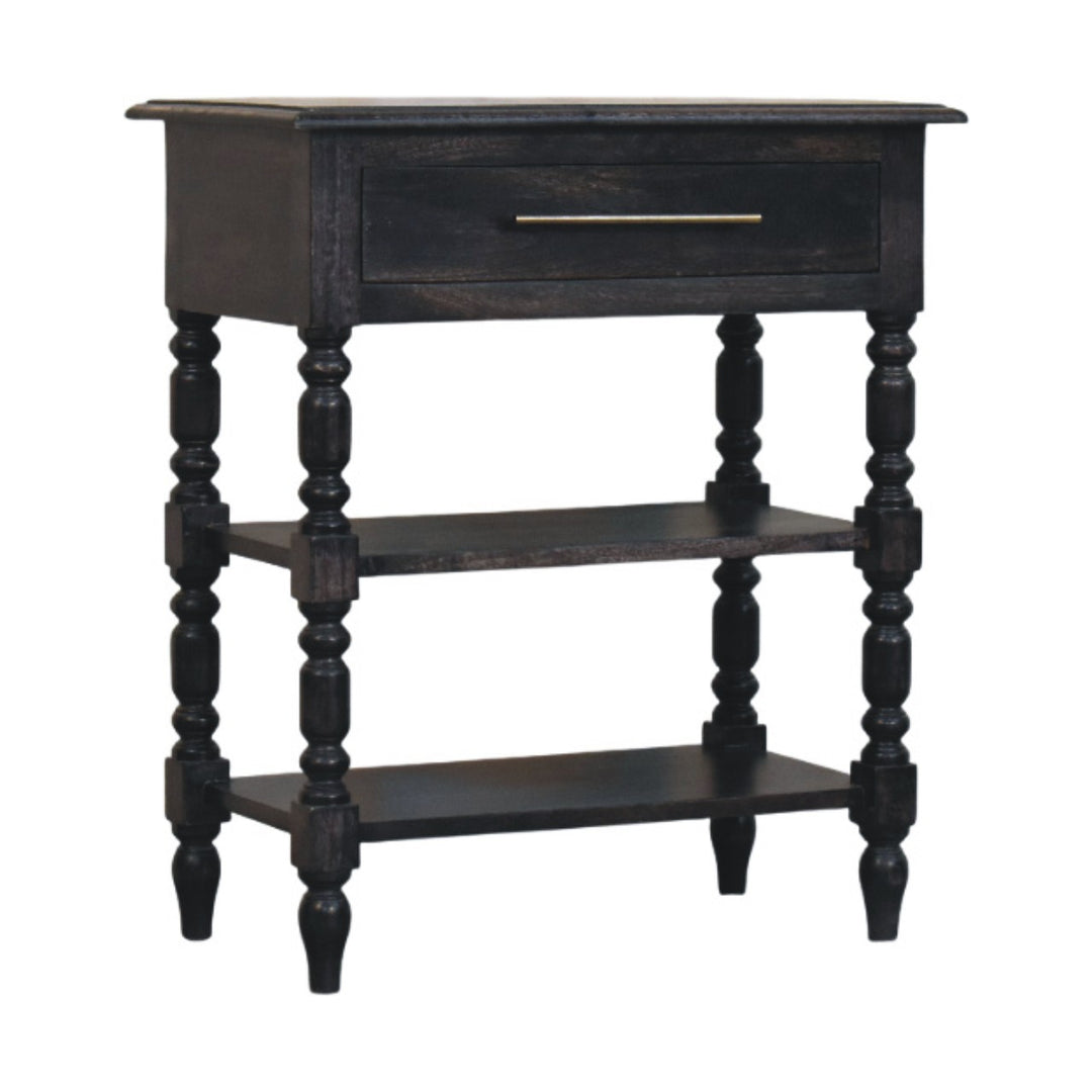 Brown Lacquered Carbon Ash Solid Mango Wood Heritage Side Table with Turned Legs & Open Shelves