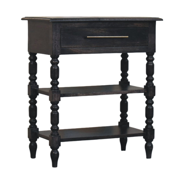 Brown Lacquered Carbon Ash Solid Mango Wood Heritage Side Table with Turned Legs & Open Shelves