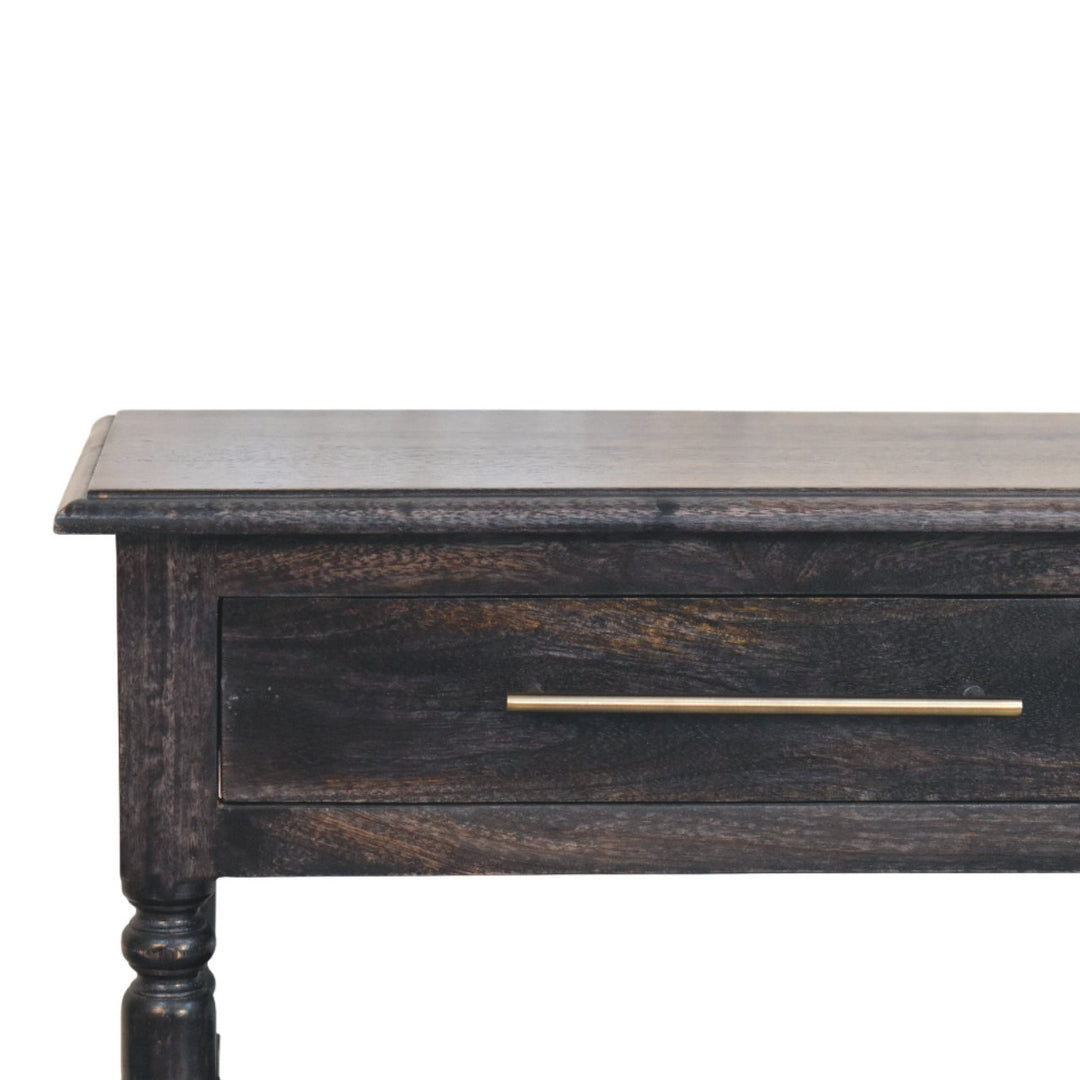 Brown Lacquered Carbon Ash Solid Mango Wood Heritage Side Table with Turned Legs & Open Shelves