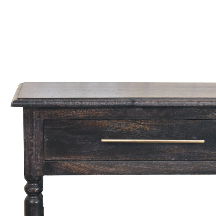 Brown Lacquered Carbon Ash Solid Mango Wood Heritage Side Table with Turned Legs & Open Shelves