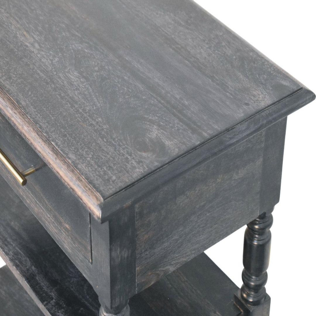 Brown Lacquered Carbon Ash Solid Mango Wood Heritage Side Table with Turned Legs & Open Shelves