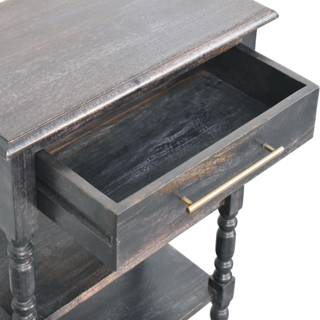 Brown Lacquered Carbon Ash Solid Mango Wood Heritage Side Table with Turned Legs & Open Shelves