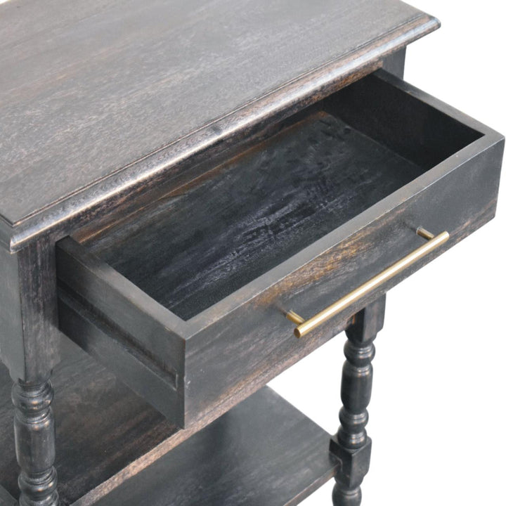 Brown Lacquered Carbon Ash Solid Mango Wood Heritage Side Table with Turned Legs & Open Shelves