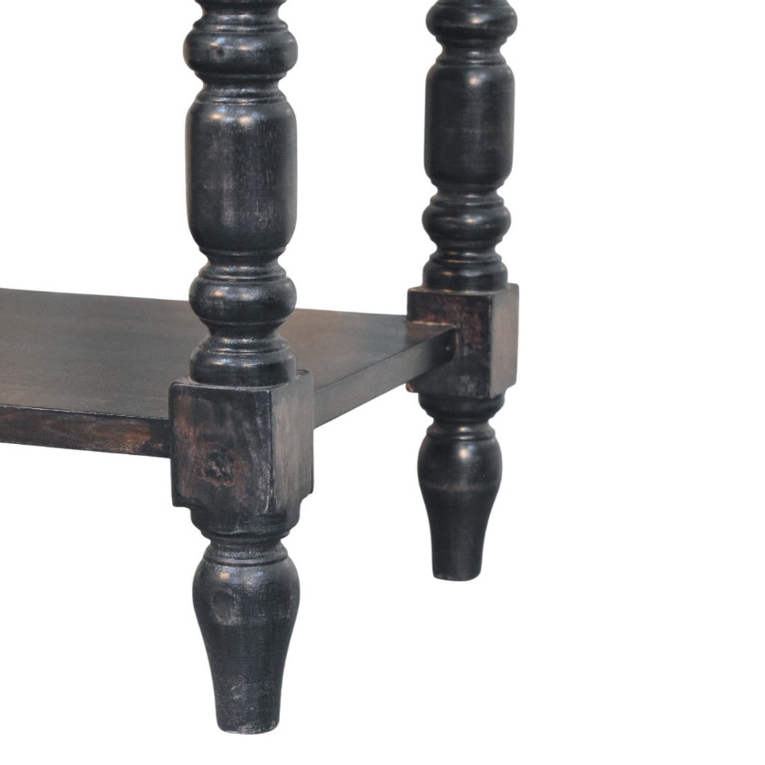 Brown Lacquered Carbon Ash Solid Mango Wood Heritage Side Table with Turned Legs & Open Shelves
