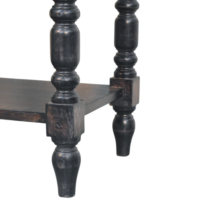 Brown Lacquered Carbon Ash Solid Mango Wood Heritage Side Table with Turned Legs & Open Shelves