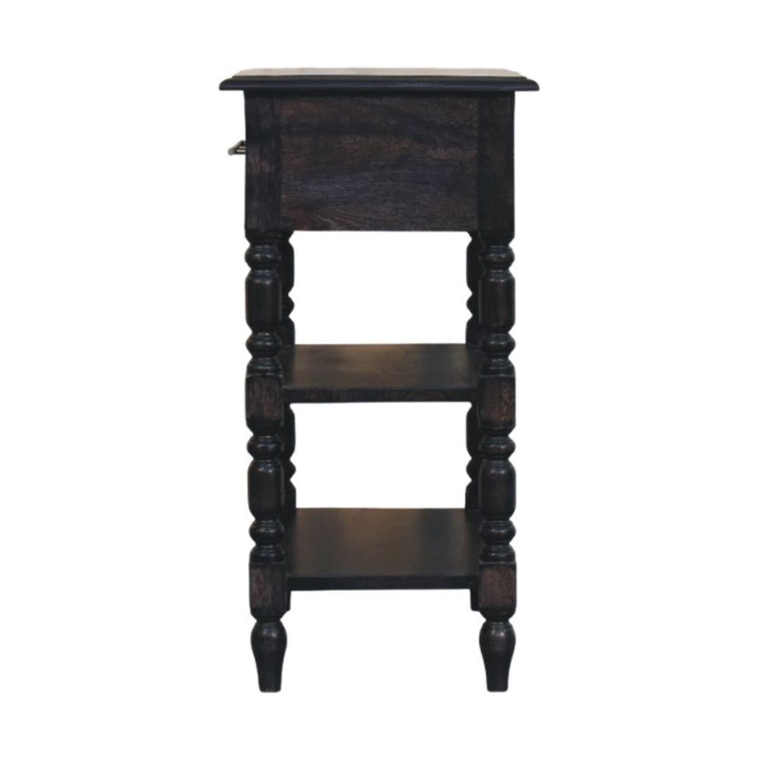 Brown Lacquered Carbon Ash Solid Mango Wood Heritage Side Table with Turned Legs & Open Shelves