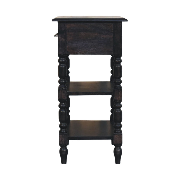 Brown Lacquered Carbon Ash Solid Mango Wood Heritage Side Table with Turned Legs & Open Shelves