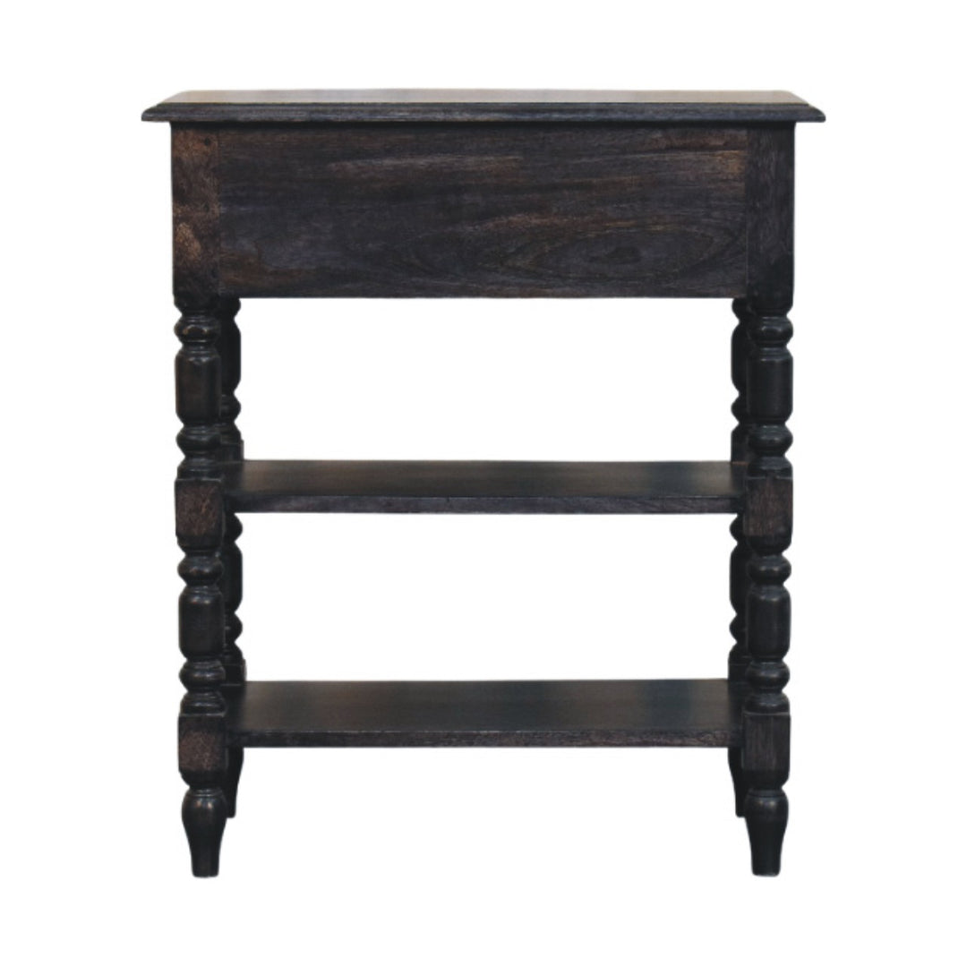 Brown Lacquered Carbon Ash Solid Mango Wood Heritage Side Table with Turned Legs & Open Shelves