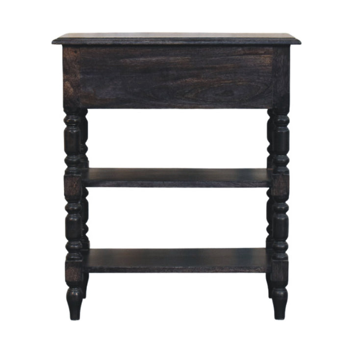 Brown Lacquered Carbon Ash Solid Mango Wood Heritage Side Table with Turned Legs & Open Shelves