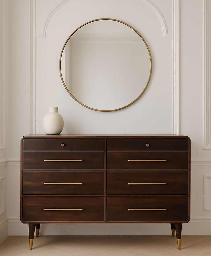 Chocolate Brown Lacquered Solid Mango Wood Valenza 6-Drawer Chest in Oak with Lift-Top