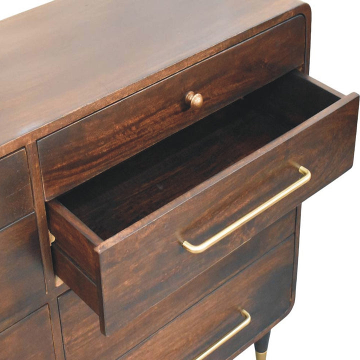 Chocolate Brown Lacquered Solid Mango Wood Valenza 6-Drawer Chest in Oak with Lift-Top
