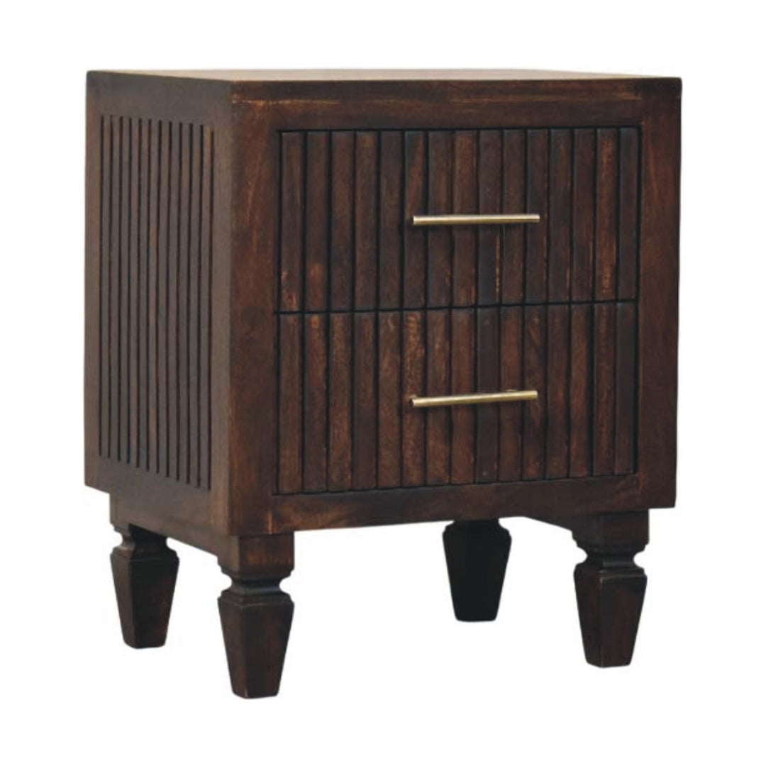 Brown Lacquered Light Oak Solid Mango Wood Belmont Bedside Table with Tapered Nordic Legs