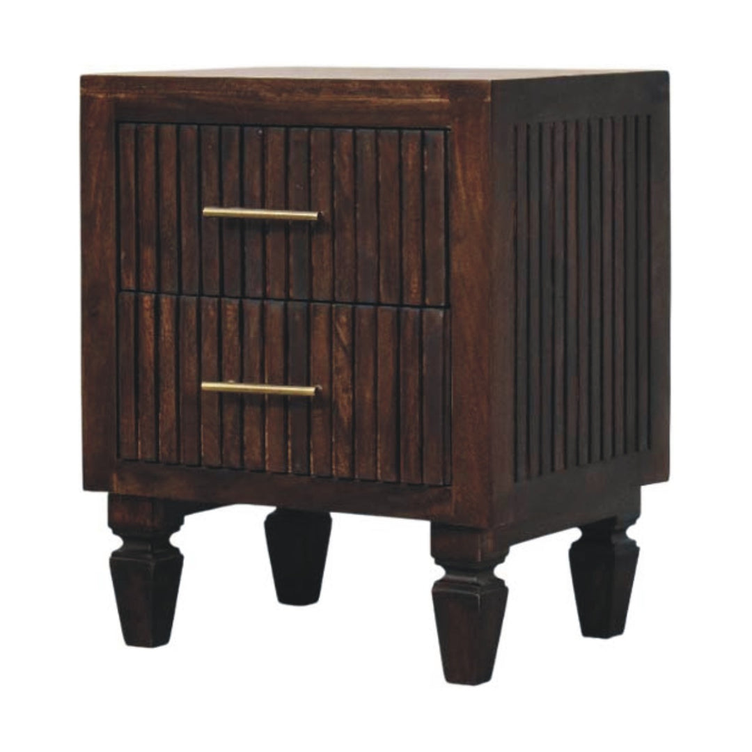 Brown Lacquered Light Oak Solid Mango Wood Belmont Bedside Table with Tapered Nordic Legs