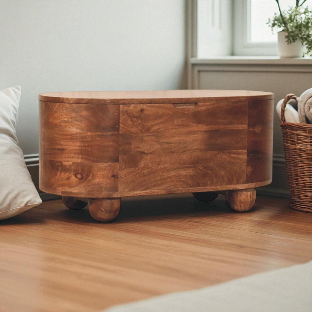 Brown Lacquered Roasted Almond Solid Mango Wood Curvun Storage Chest with Oval Design & Rounded Feet