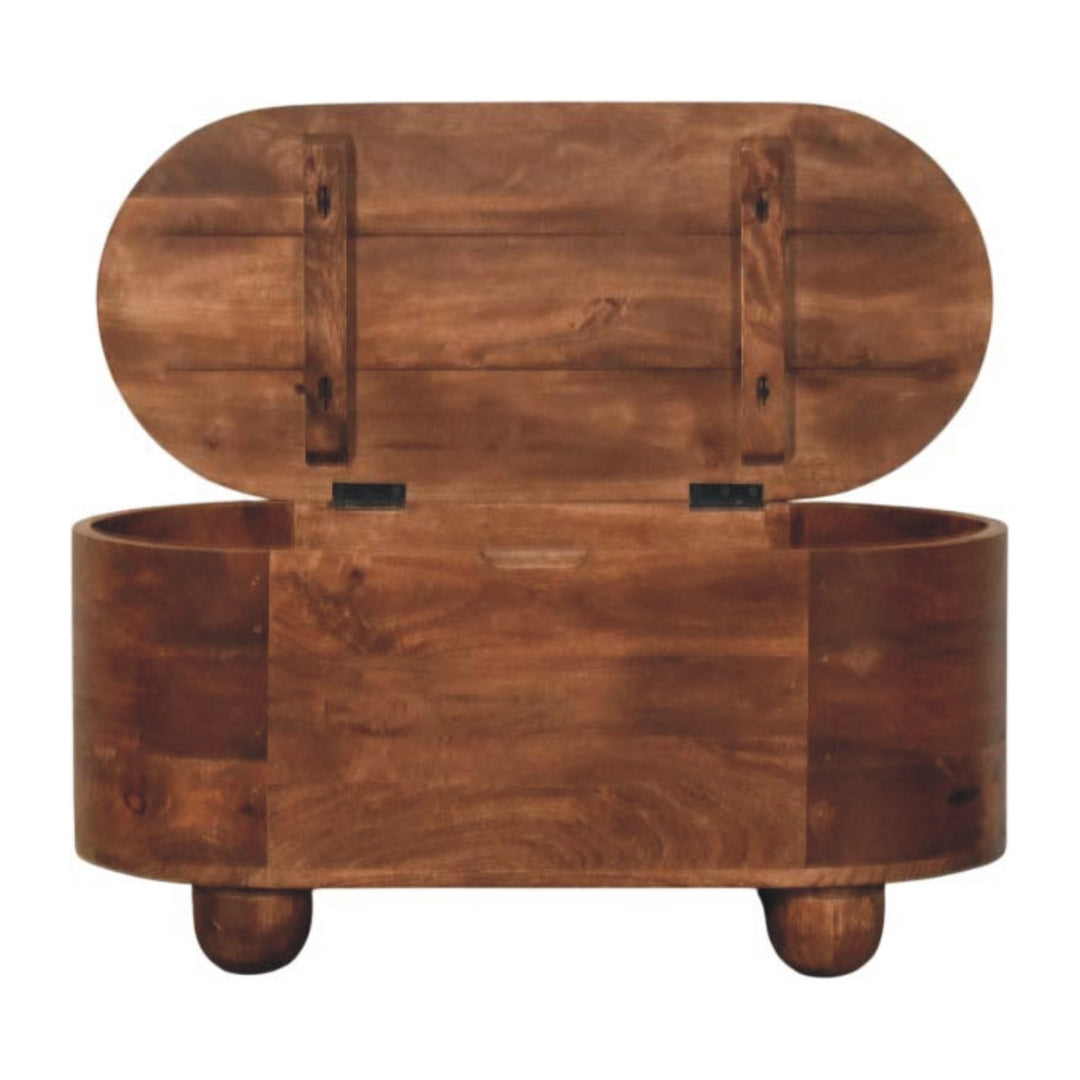 Brown Lacquered Roasted Almond Solid Mango Wood Curvun Storage Chest with Oval Design & Rounded Feet