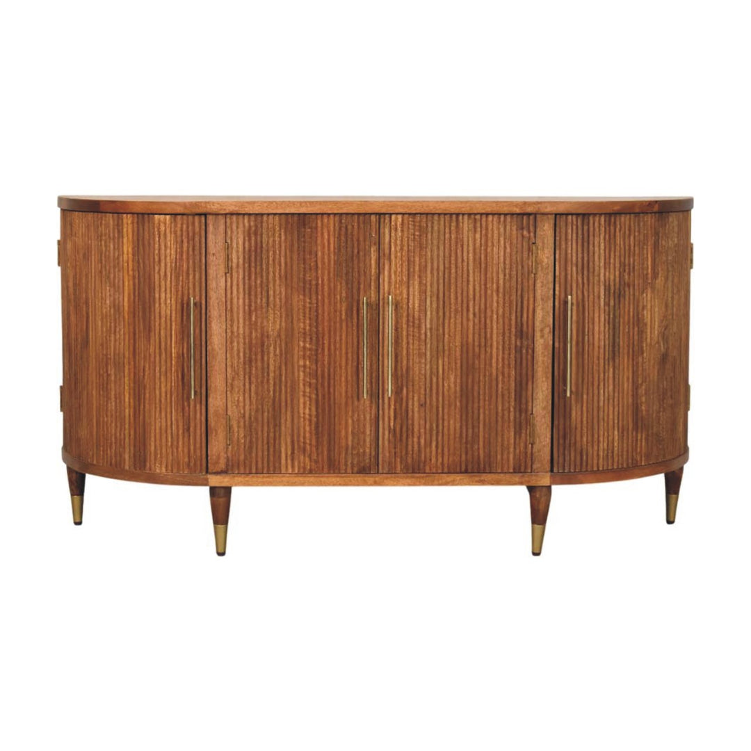 Brown Ash Veneer Solid Mango Wood Ravello 4-Door Curved Buffet with Fluted Fronts & Brass Legs