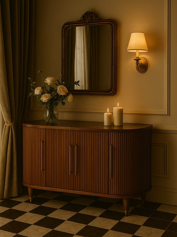 Brown Ash Veneer Solid Mango Wood Ravello 4-Door Curved Buffet with Fluted Fronts & Brass Legs
