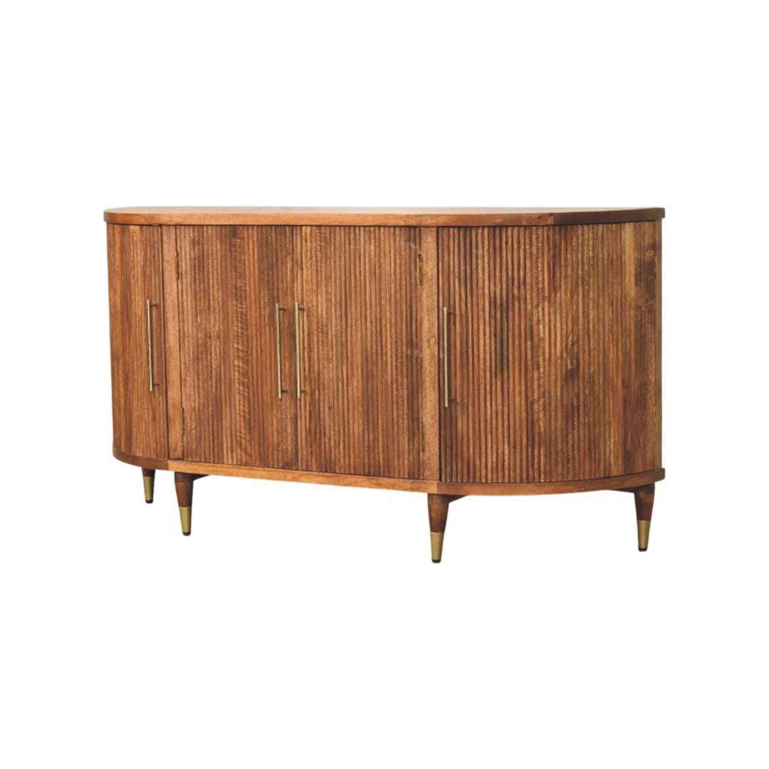 Brown Ash Veneer Solid Mango Wood Ravello 4-Door Curved Buffet with Fluted Fronts & Brass Legs