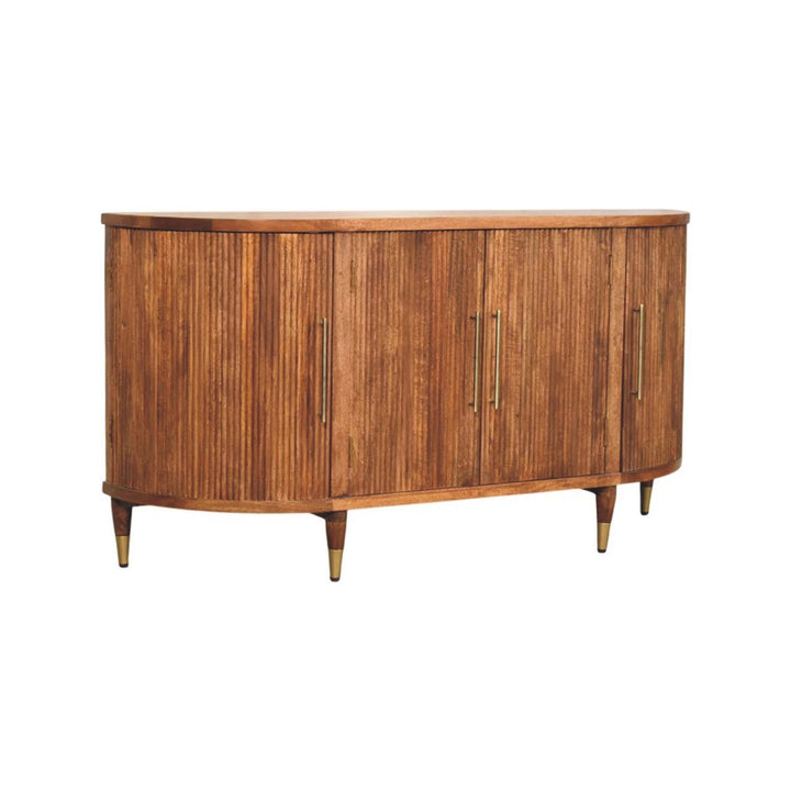 Brown Ash Veneer Solid Mango Wood Ravello 4-Door Curved Buffet with Fluted Fronts & Brass Legs